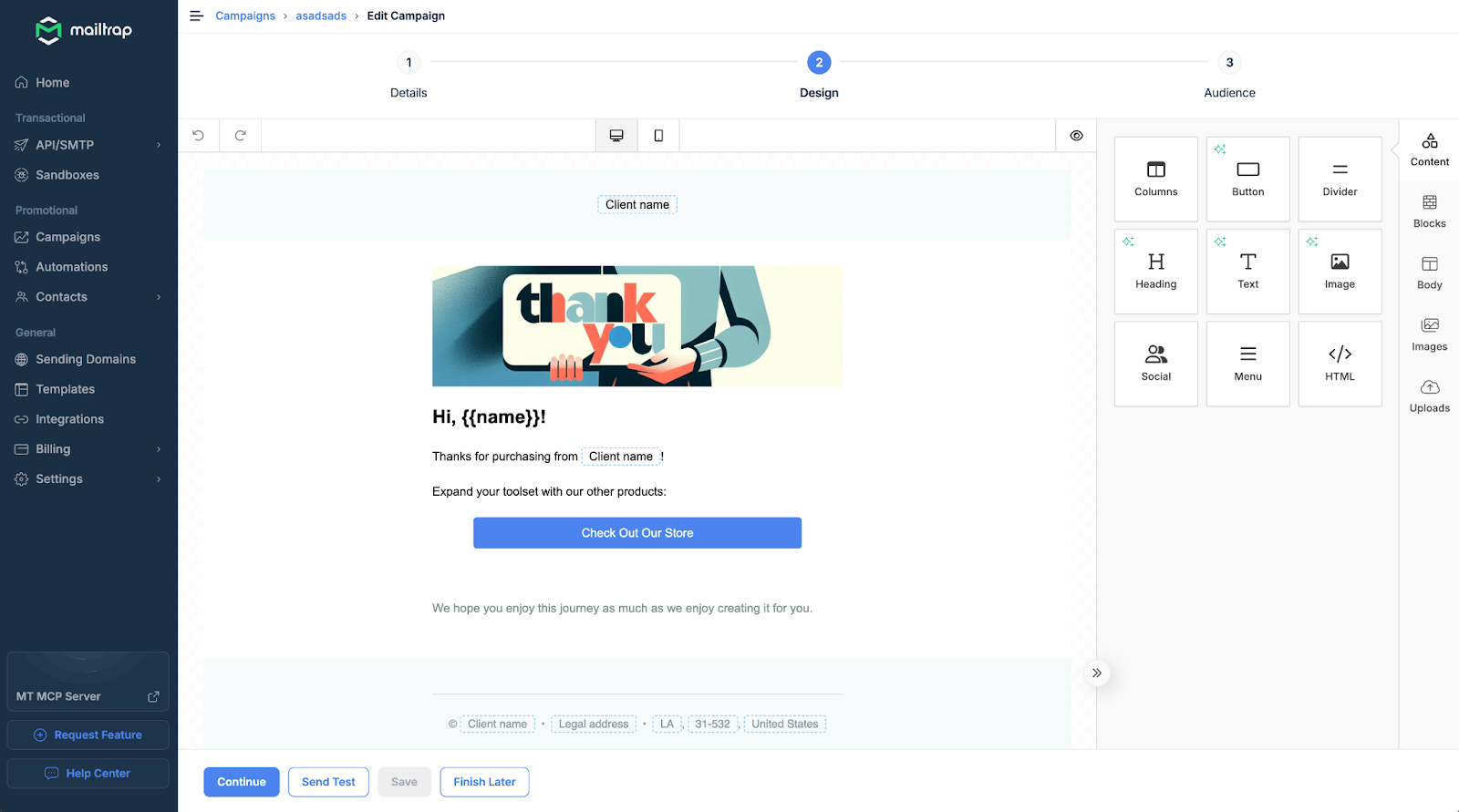 Mailtrap drag-and-drop email editor showing the design canvas with email template elements, component library sidebar with draggable blocks for text, images, buttons, and spacing, plus mobile and dark mode preview options